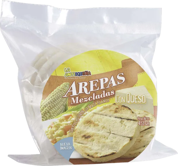Empaque de Arepas mezcladas con queso La Antioqueña