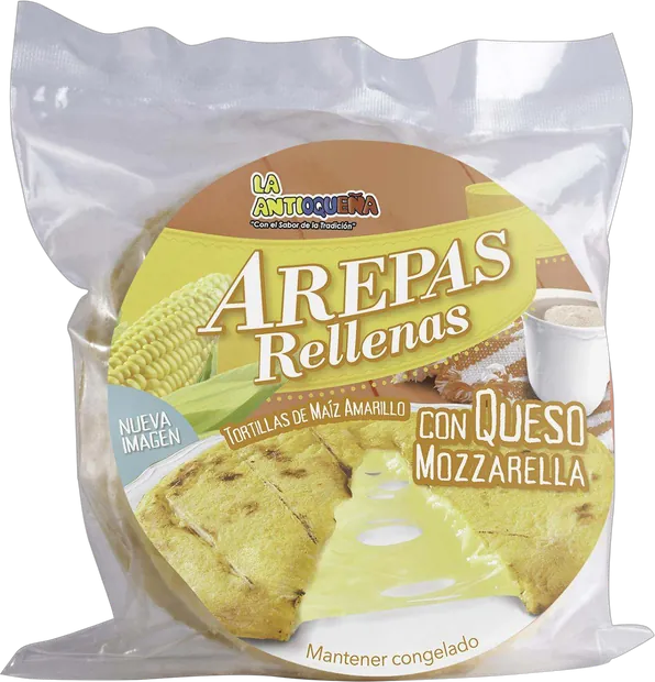Empaque de Arepas rellenas de queso mozzarella La Antioqueña